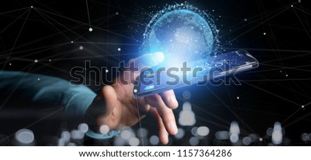 View of a Man holding a 3d rendering data earth globe on a smartphone 