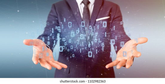 View of a Man holding Data binary cloud 3d rendering 