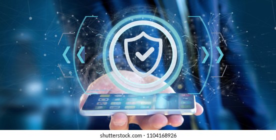 View of a Man holding a Shield web security concept 3d rendering - Shutterstock ID 1104168926
