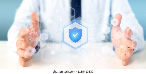 View Of A Man Holding A Shield Web Security Concept 3d Rendering