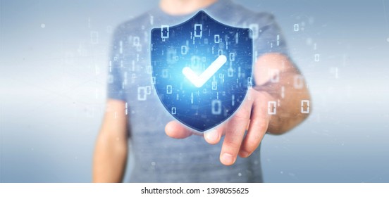 View of a Man holding a Shield web security concept 3d rendering - Shutterstock ID 1398055625