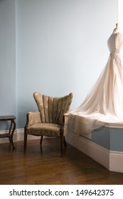 View Of A Mannequin With Wedding Dress In Bridal Store