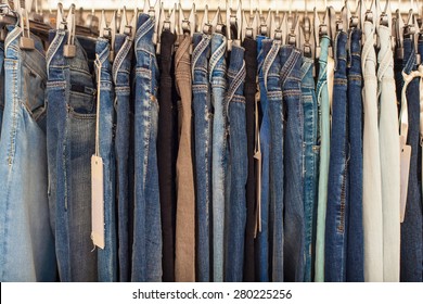 View Of Many Denim Jeans In The Clothing Store