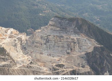 View of marble quarry on the Apuan Alps with paths carved into the marble.