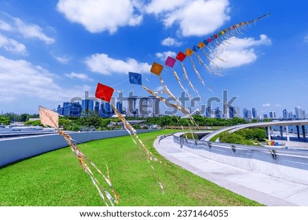 View of the Marina Barrage roof top with clear blue sky. Marina Barrage is a place of recreation, proving especially popular for picnics and kite flying.