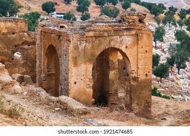 View Of The Marinid Tombs Ruins.  It Ruined Tombs On A Hill Above And North Of Fes Al-Bali, The Old City Of Fez, Morocco. They Were A Royal Necropolis For The Marinid Dynasty (13th To 15th C.).