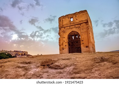 View Of The Marinid Tombs Ruins.  It Ruined Tombs On A Hill Above And North Of Fes Al-Bali, The Old City Of Fez, Morocco. They Were A Royal Necropolis For The Marinid Dynasty (13th To 15th C.).