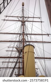 A view up the mast and rigging of the RSS Discovery in Dundee, Scotland.