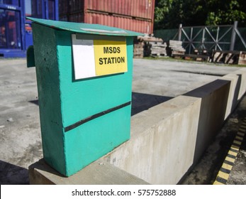 View Of Material Safety Data Sheet (MSDS) Station Or Box At Hazardous Chemical Storage In Oil And Gas Warehouse