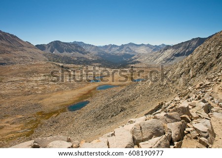 View from Mather Pass on the John Muir Trail in the high sierra mountains in the Kings Canyon National Park