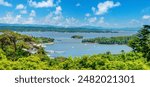 View of the Matsushima Bay and  its famous red bridge, Sendai, Japan