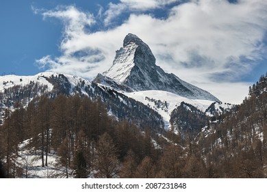 View Of Matterhorn In The Swiss Alps, Clouds Behind The Recognized Natural Landmark, View From Zermatt Cable Cabin Lifts