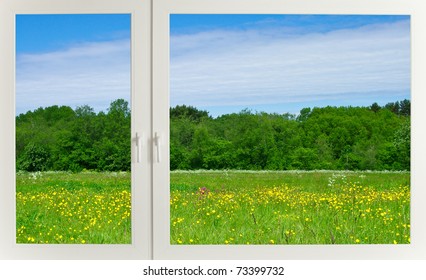 View Meadow Through Modern Plastic Window Stock Photo 73399732 ...