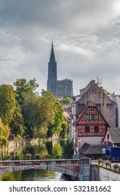 View of  medieval bridge Ponts Couverts and Strasbourg Cathedral from the Barrage Vauban in Strasbourg, France