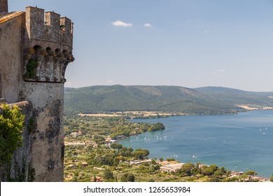 View from medieval castle to Bracciano lake, Italy