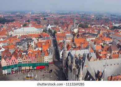 A view of the medieval city of Bruges from the belfry tower in the region of Flanders, Belgium