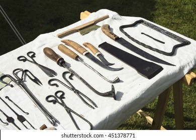 View Of Medieval Medical Instruments On A Table