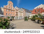 View of medieval street in old town of Riga. Old historical Tirgonu street in downtown Riga, Latvia.