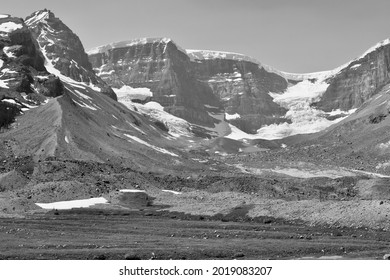 View Of Melting Athabasca Glacier During The 2021 Summer Heat Wave (black And White)