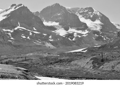 View Of Melting Athabasca Glacier During The 2021 Summer Heat Wave (black And White)