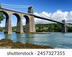 View of Menai Suspension Bridge, Anglesey, Wales, Europe. 