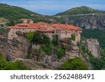 View of Meteora monasteries and the rock formations in the mountains of Greece. Unesco world heritage site.