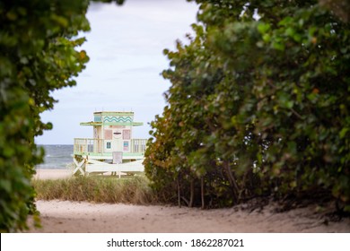 View Of A Miami Beach Lifeguard Stand Between The Dunes