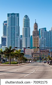 View Of Miami, Biscayne Avenue And Downtown Skyscrapers.