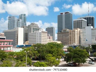 The View Of Miami Downtown District With Monorail Train Passing By (Florida).