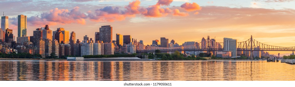 View to midtown Manhattan at sunrise from the Long Island City, New York, USA