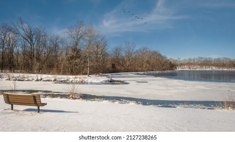 View Of Midwestern Lake Partially Covered With Melting Ice On Nice Spring Day; Wooden Bench At The Water Edge; Flock Of  Birds Flying Over Lake