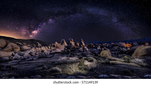 View Of The Milky Way Galaxy At The Joshua Tree National Park.  The Image Is An Hdr Of Astro Photography Photographed At Night.  It Depicts Science And The Divine Heaven.