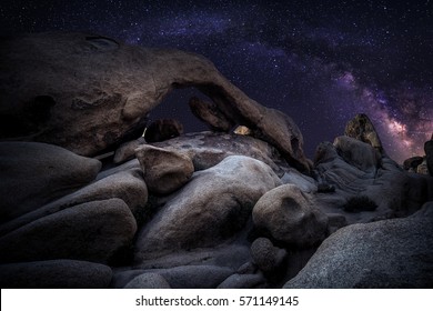 View Of The Milky Way Galaxy At The Joshua Tree National Park.  The Image Is An Hdr Of Astro Photography Photographed At Night.  It Depicts Science And The Divine Heaven.