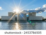 View of the Ministry of Defence of Russian Federation, and Moscow river embakment. Translation of the inscription on the facade - Ministry of Defense of the Russian Federation