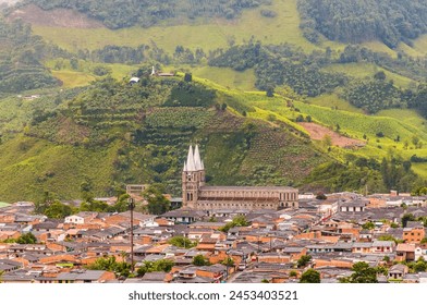 A view of the Minor Basilica of the Immaculate Conception church from a viewpoint in Jardin, Colombia, South America