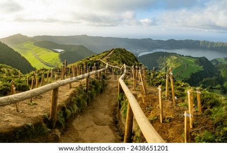 View from Miradouro da Boca do Inferno to Sete Citades, Azores, Portugal during sunset or sunrise 