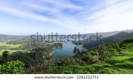The view from the Miradouro da Vista do Rei viewpoint over Sete Cidades lakes in the Sao Miguel island in the Azores, Portugal