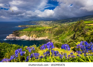 View From Miradouro De Santa Iria On The Island Of São Miguel In The Azores. The View Shows Part Of The Northern Coastline With Cliffs And Green Fields On The Clifftop. Azores, Sao Miguel, Portugal