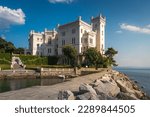 View to Miramare Castle, a 19th-century castle direct on the Gulf of Trieste between Barcola and Grignano in Trieste, northeastern Italy.