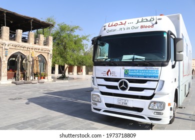 A View Of Mobile Blood Donation Truck By Hamad Medical Corporation In Doha, Qatar - 05th May 2021