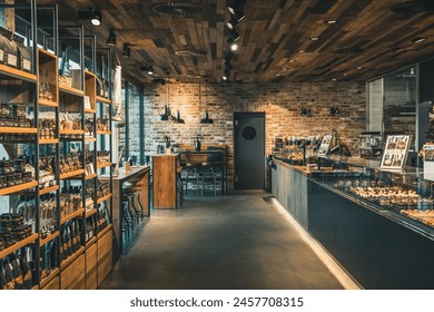 View of a modern bakery with shop and cafe, industrial style with brick wall, wood and black steel - Powered by Shutterstock