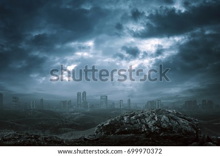 View of modern building with dark mist on the mystic dark city