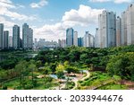 View of modern buildings and Gwanggyo Lake Park in Suwon, Korea