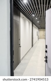 View of a modern hallway featuring multiple doors and sleek lighting fixtures, showcasing a minimalist design in a residential building
