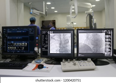 View of modern medical X-ray operating room (cath lab) of a cardiac hospital. Karachi, Pakistan - October 11 2018.