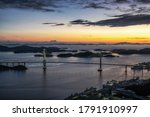 The view of Mokpo Bridge from the top of Yudal mountain. The bridge illuminated taken right after the sunset. Mokpo, South Korea