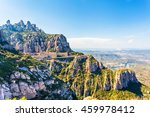 View of the Monastery of Montserrat in Catalonia, near Barcelona. Panorama from the top of the mountain.