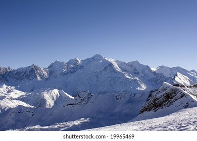 A view of Mont Blanc the highest peak in Western Europe and the surrounding mountains.