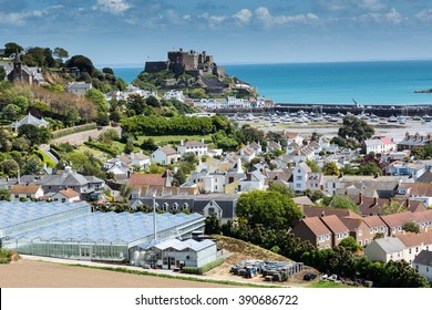 View to Mont Orgueil Castle with harbour in Gorey, Jersey, UK
