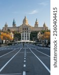 View of Montjuic at sunset from Maria Cristina Avenue. Barcelona